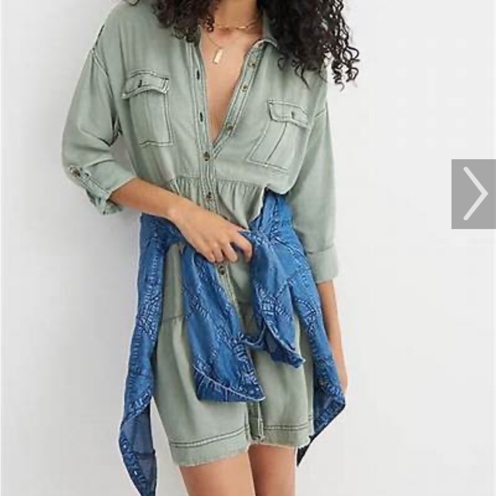 Anthropologie Pilcro Deanne Tiered Shirtdress Green Linen Long Sleeve Sz Sm